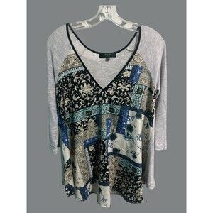 Poeme by Citron Women’s Medium Patchwork Boho Tunic Top 3/4 Sleeve V-Neck
